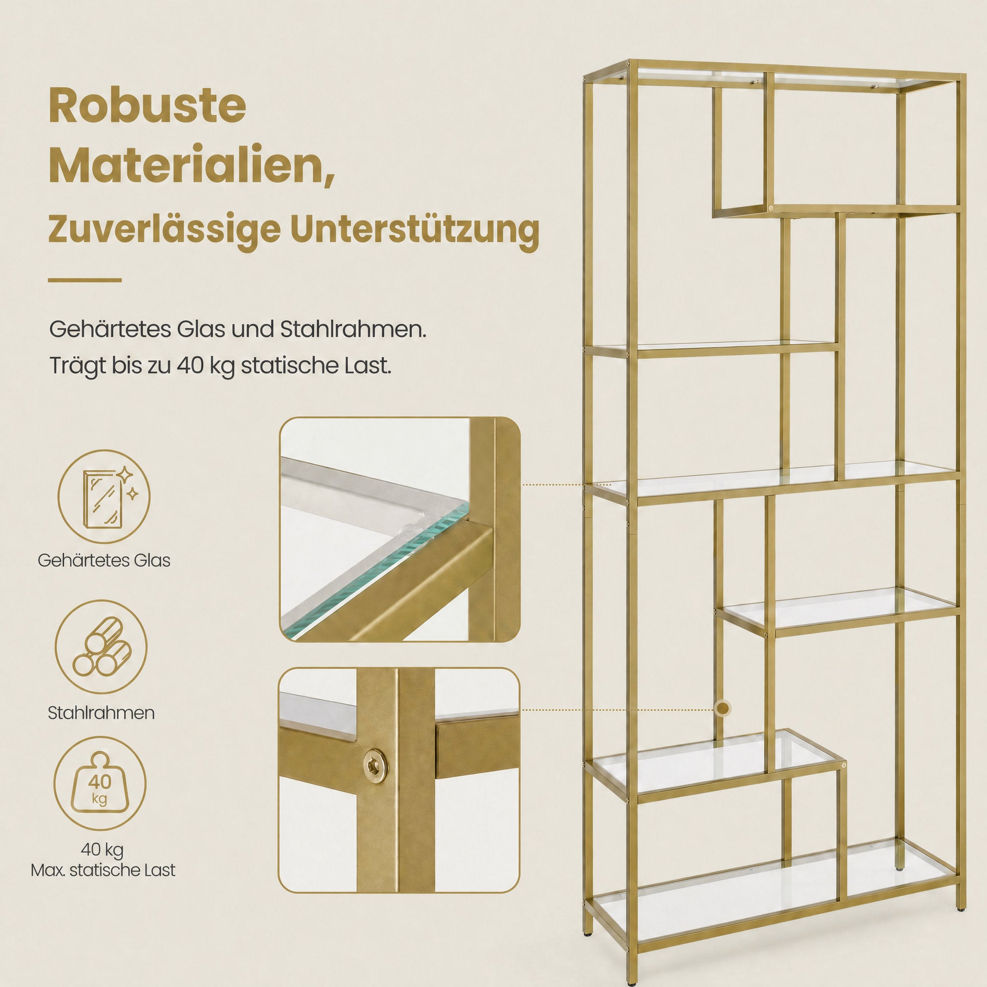 6 stufiges Bücherregal, Regal mit Ablagen aus Hartglas, Standregal