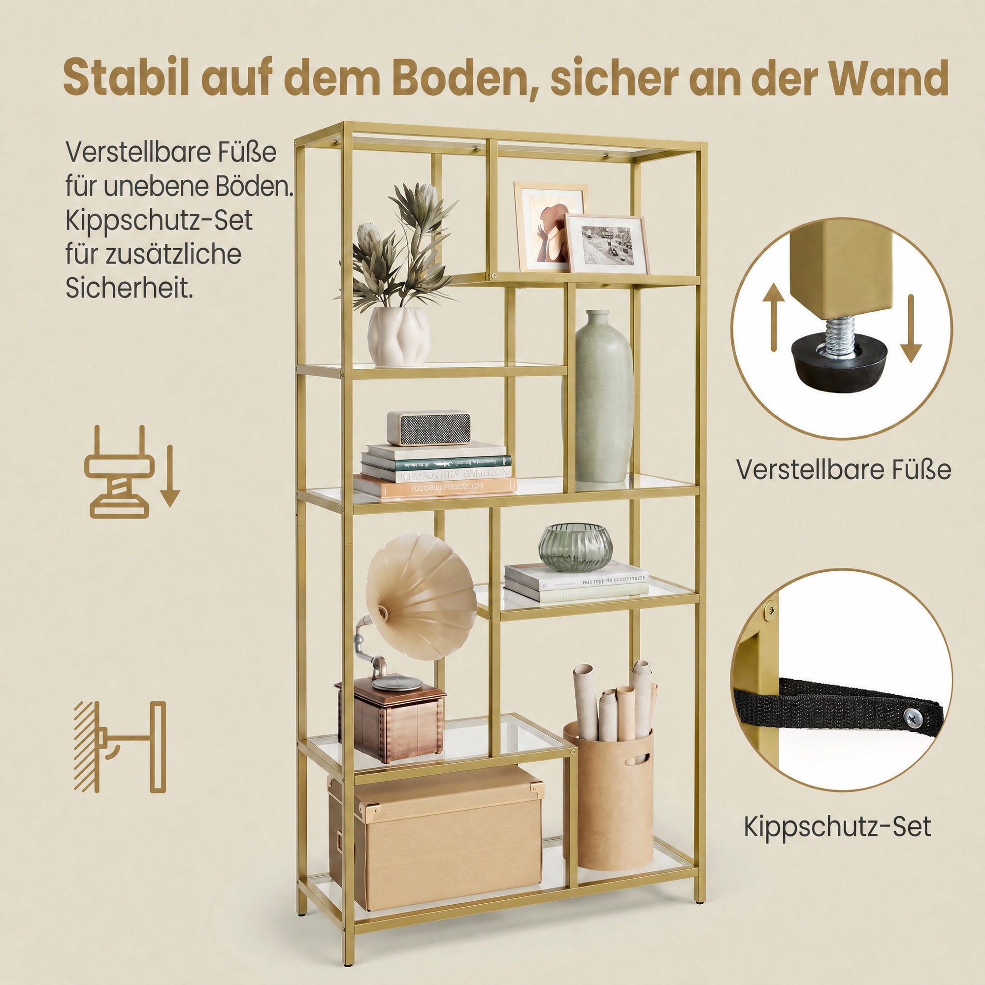 6 stufiges Bücherregal, Regal mit Ablagen aus Hartglas, Standregal