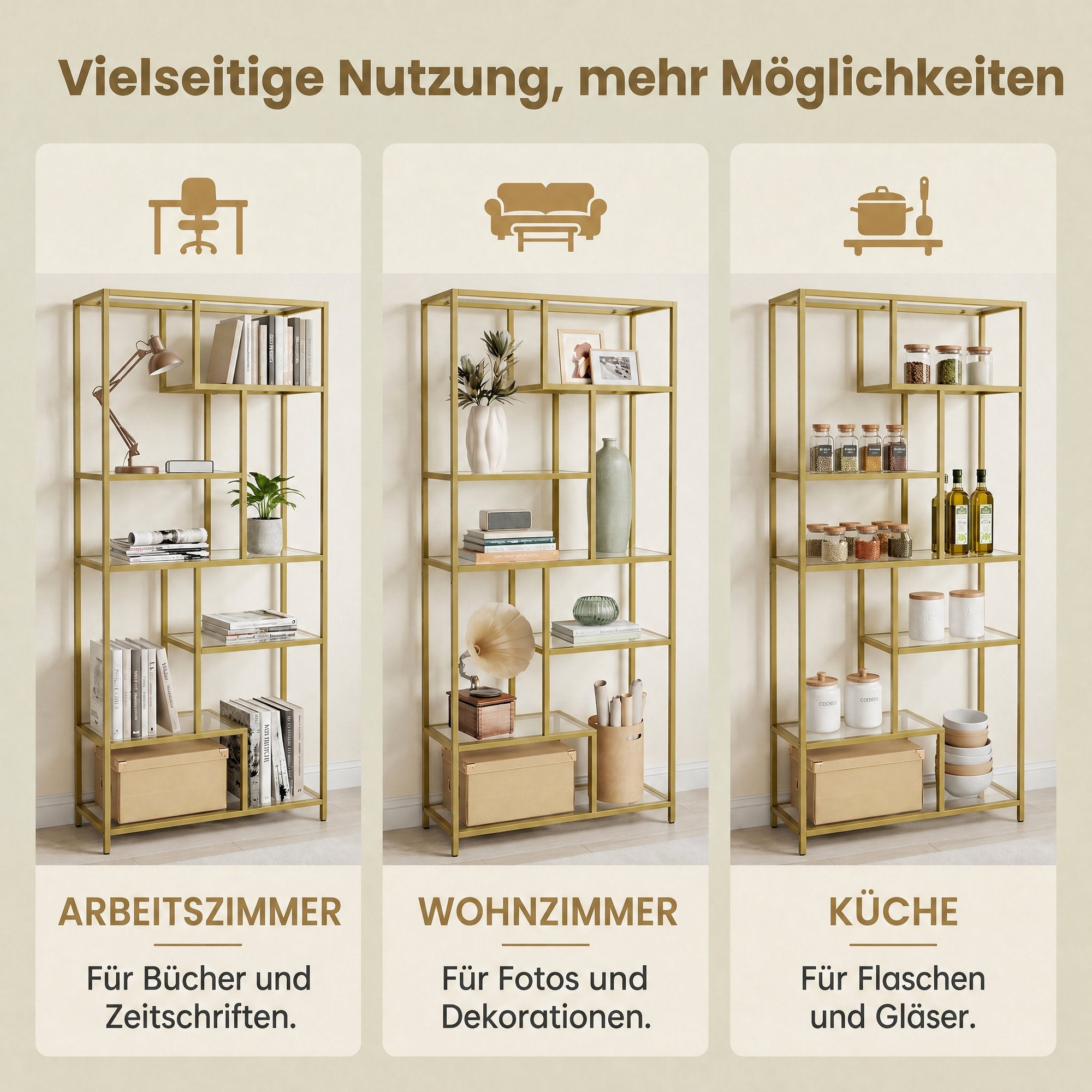 6 stufiges Bücherregal, Regal mit Ablagen aus Hartglas, Standregal