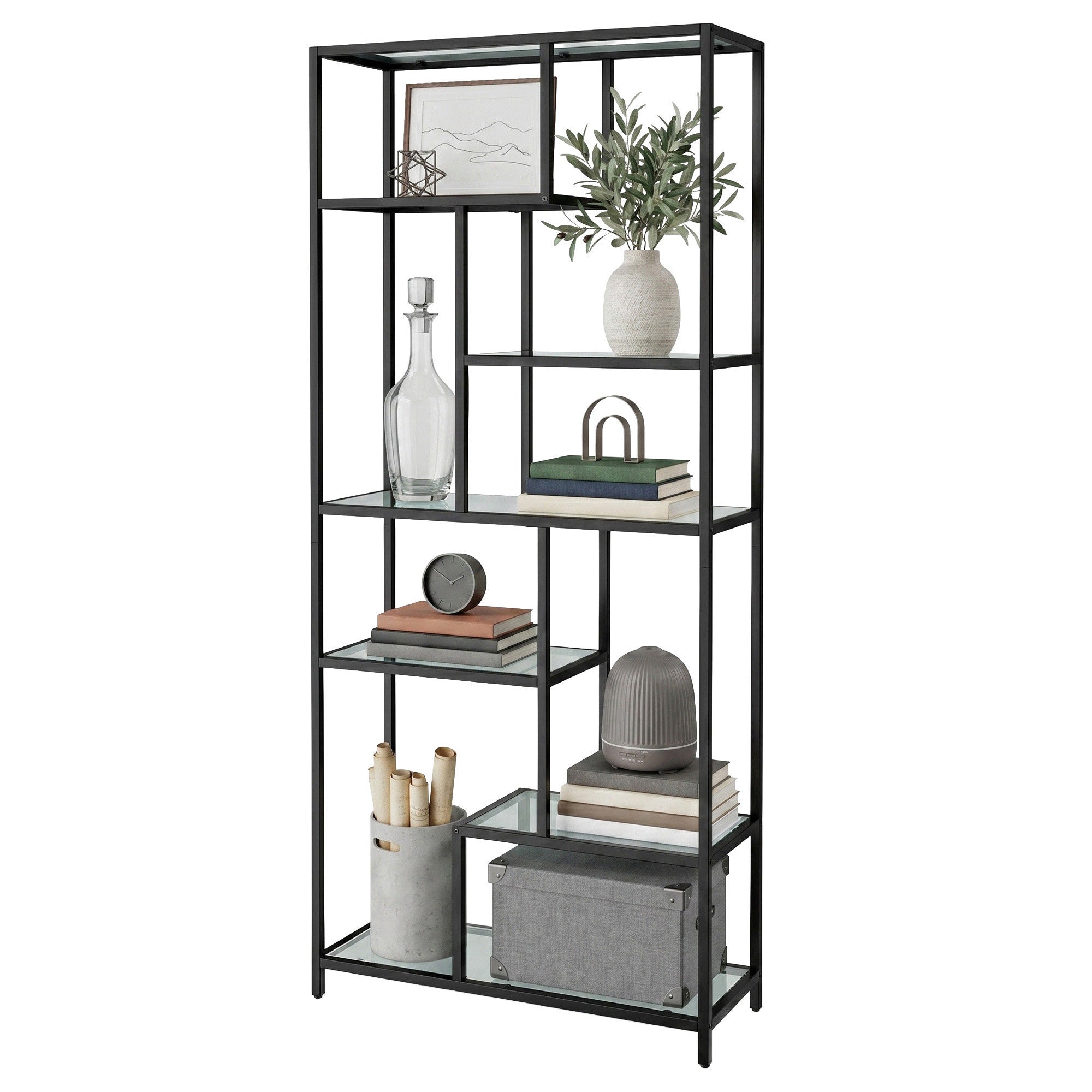6 stufiges Bücherregal, Regal mit Ablagen aus Hartglas, Standregal