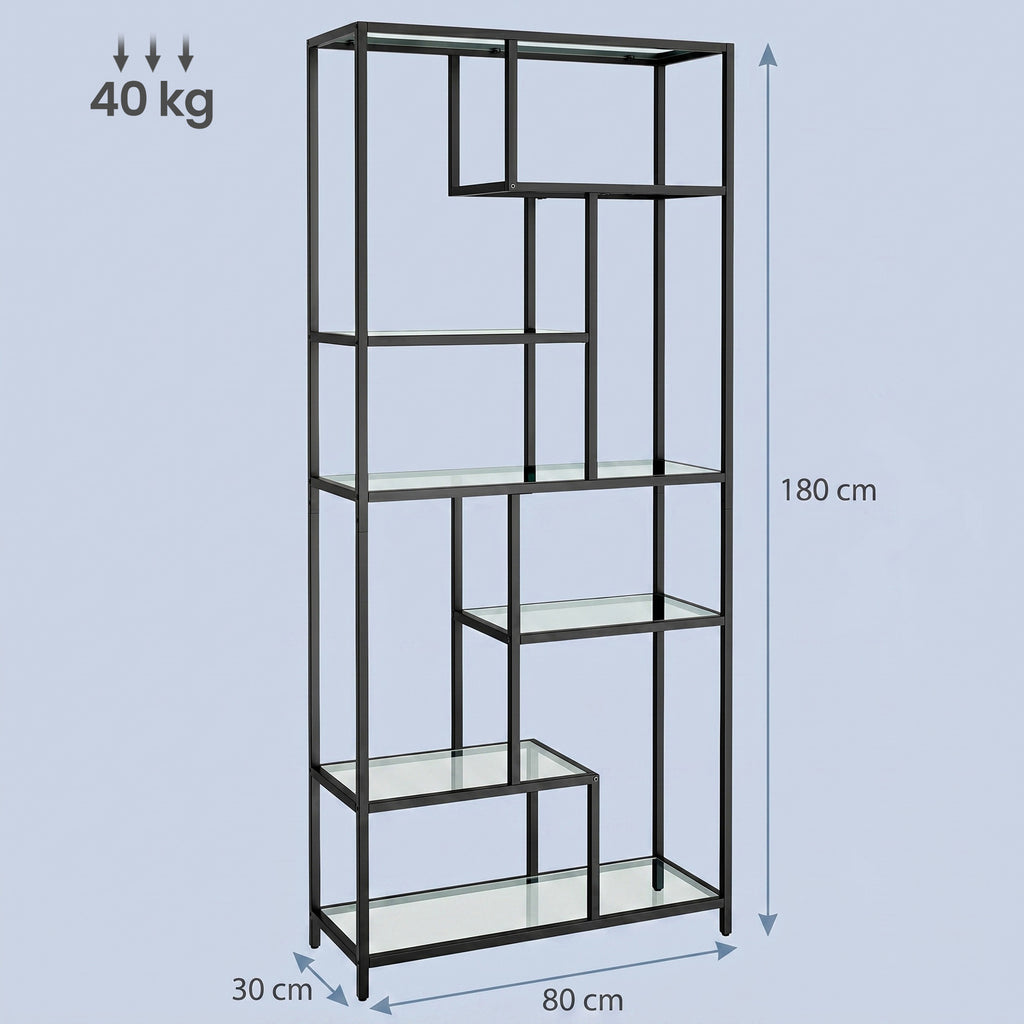 6 stufiges Bücherregal, Regal mit Ablagen aus Hartglas, Standregal