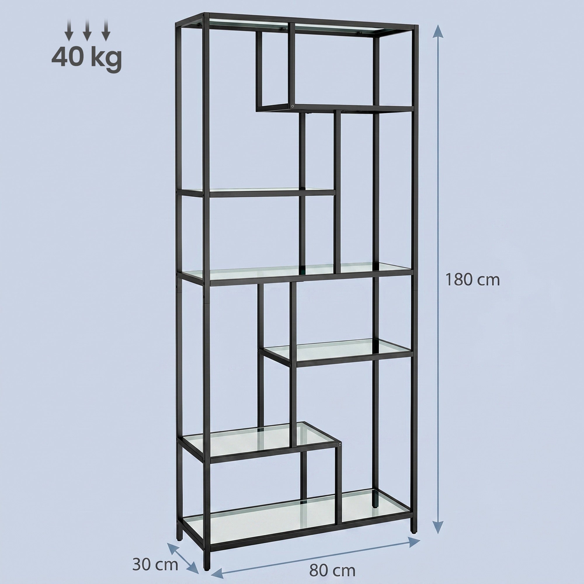 6 stufiges Bücherregal, Regal mit Ablagen aus Hartglas, Standregal