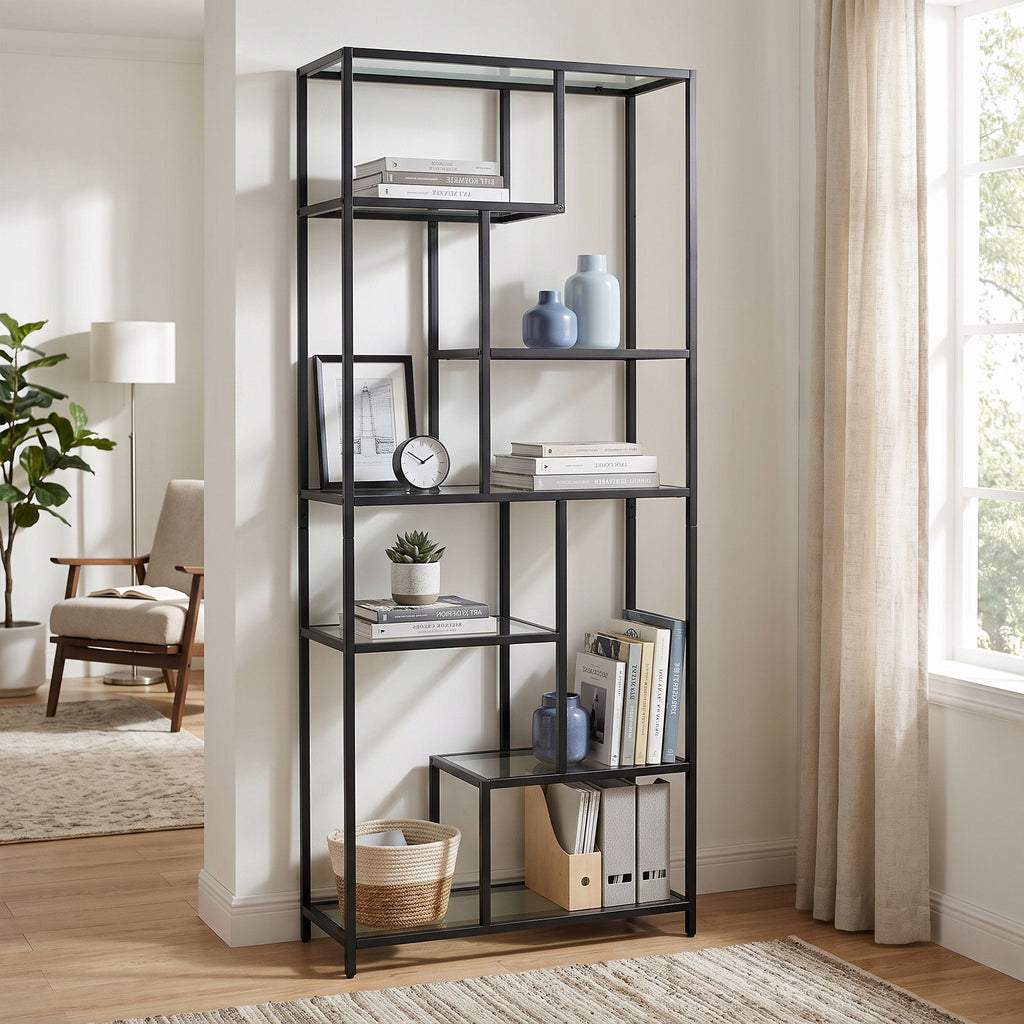 6 stufiges Bücherregal, Regal mit Ablagen aus Hartglas, Standregal