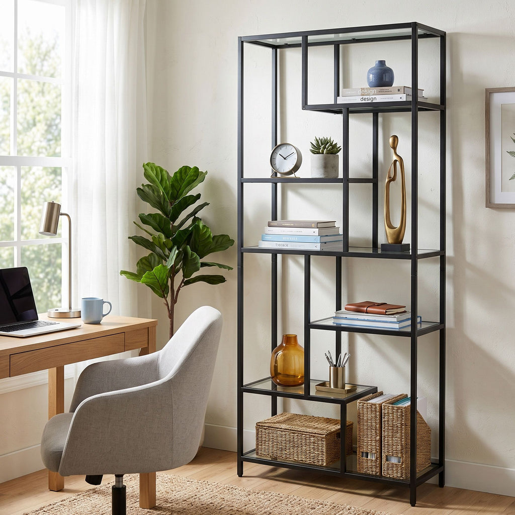 6 stufiges Bücherregal, Regal mit Ablagen aus Hartglas, Standregal
