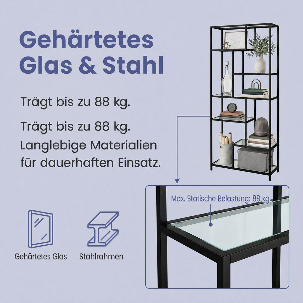 6 stufiges Bücherregal, Regal mit Ablagen aus Hartglas, Standregal
