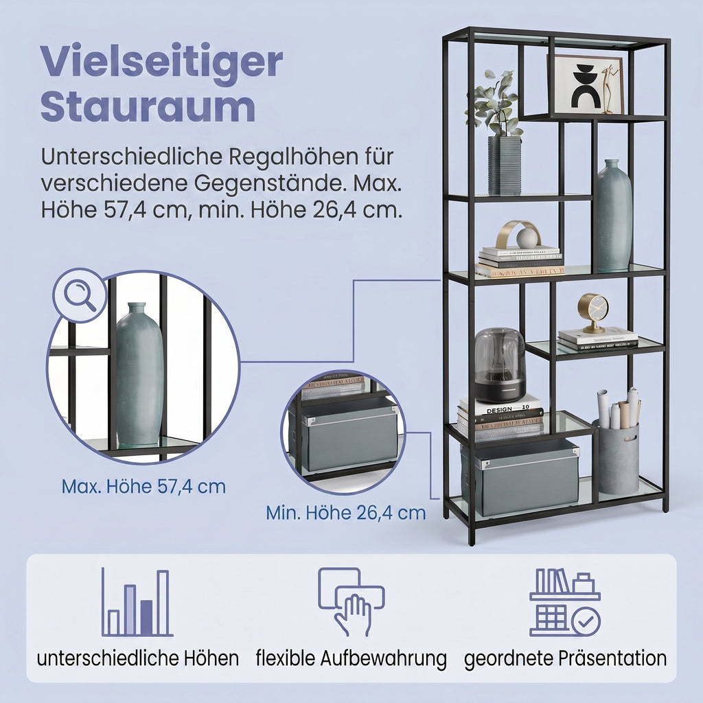 6 stufiges Bücherregal, Regal mit Ablagen aus Hartglas, Standregal