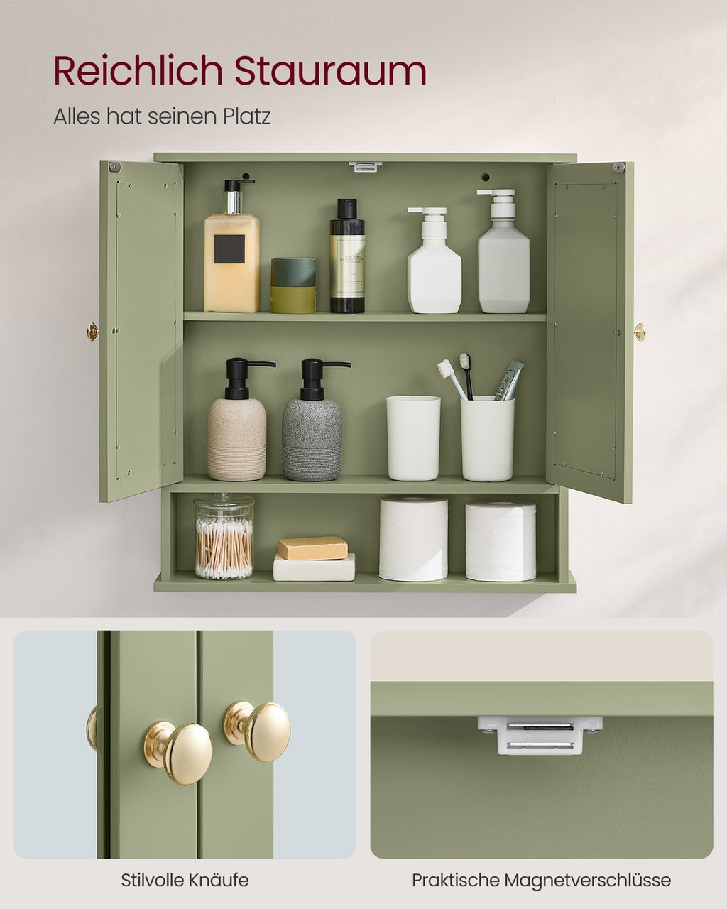 Spiegelschrank mit 2 Spiegeltüren und offenem Fach Wandmontage salbeigrün