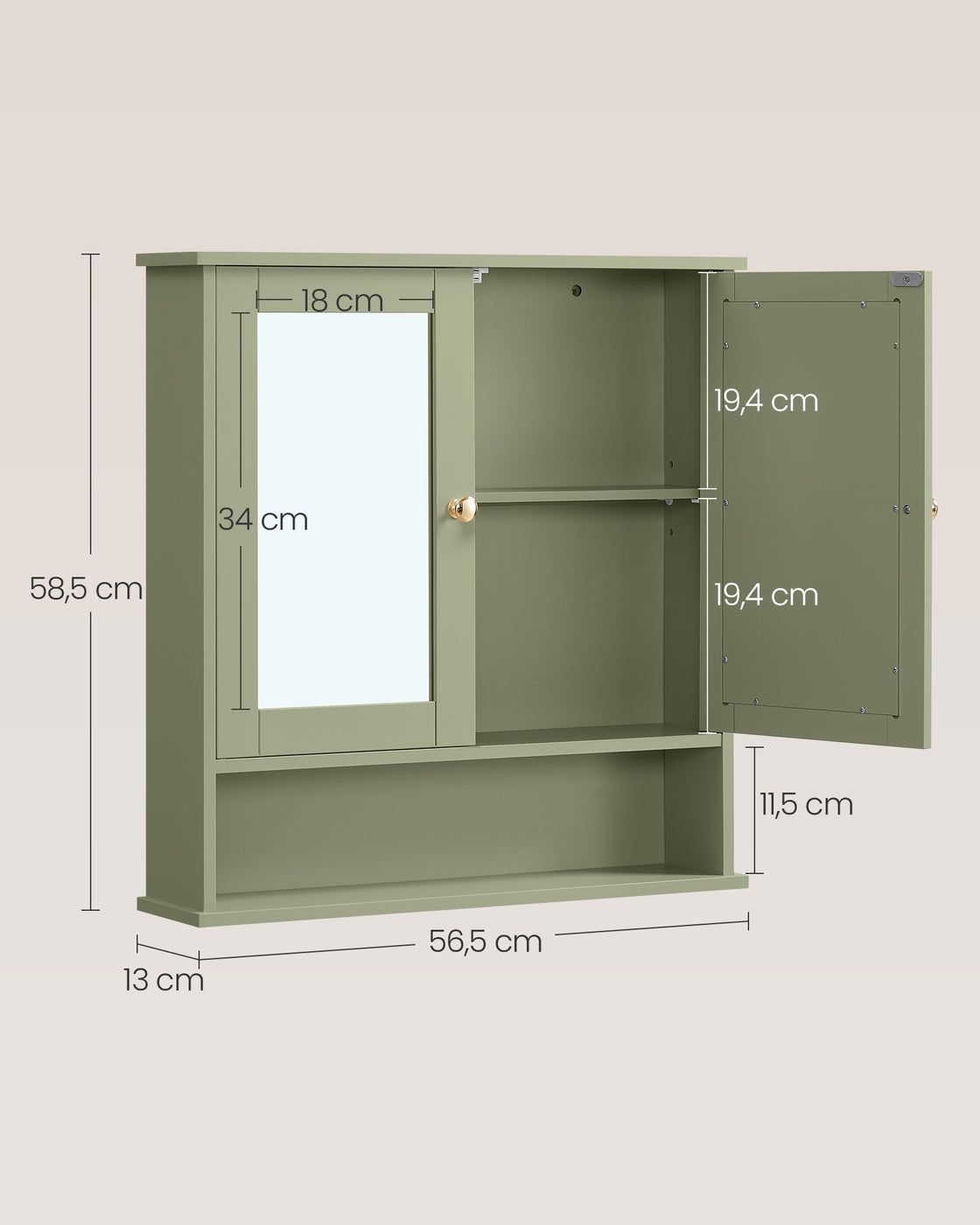 Spiegelschrank mit 2 Spiegeltüren und offenem Fach Wandmontage salbeigrün