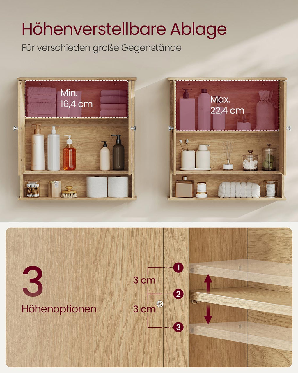 Spiegelschrank mit 2 Spiegeltüren und offenem Fach natureichenfarben