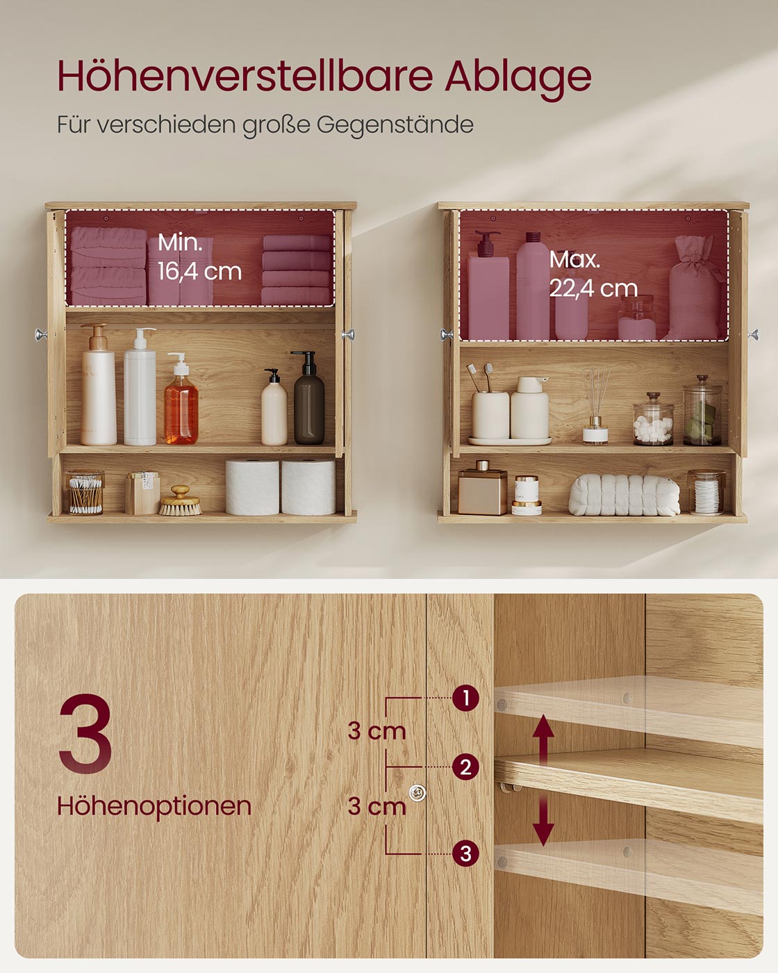 Spiegelschrank mit 2 Spiegeltüren und offenem Fach natureichenfarben