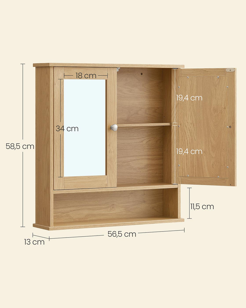 Spiegelschrank mit 2 Spiegeltüren und offenem Fach natureichenfarben