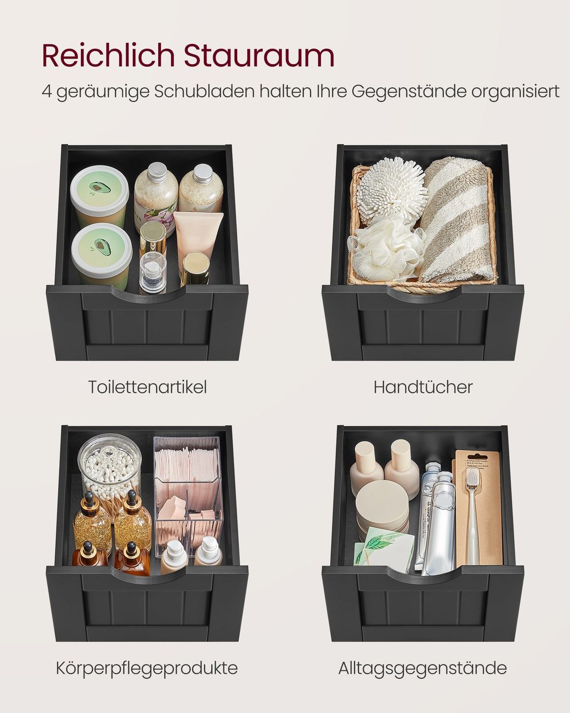 Beistellschrank mit 4 Schubladen 30 x 30 x 82 cm tintenschwarz