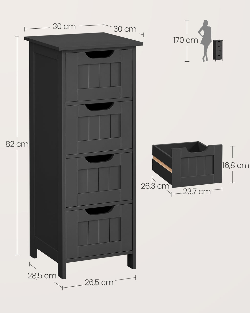Beistellschrank mit 4 Schubladen 30 x 30 x 82 cm tintenschwarz