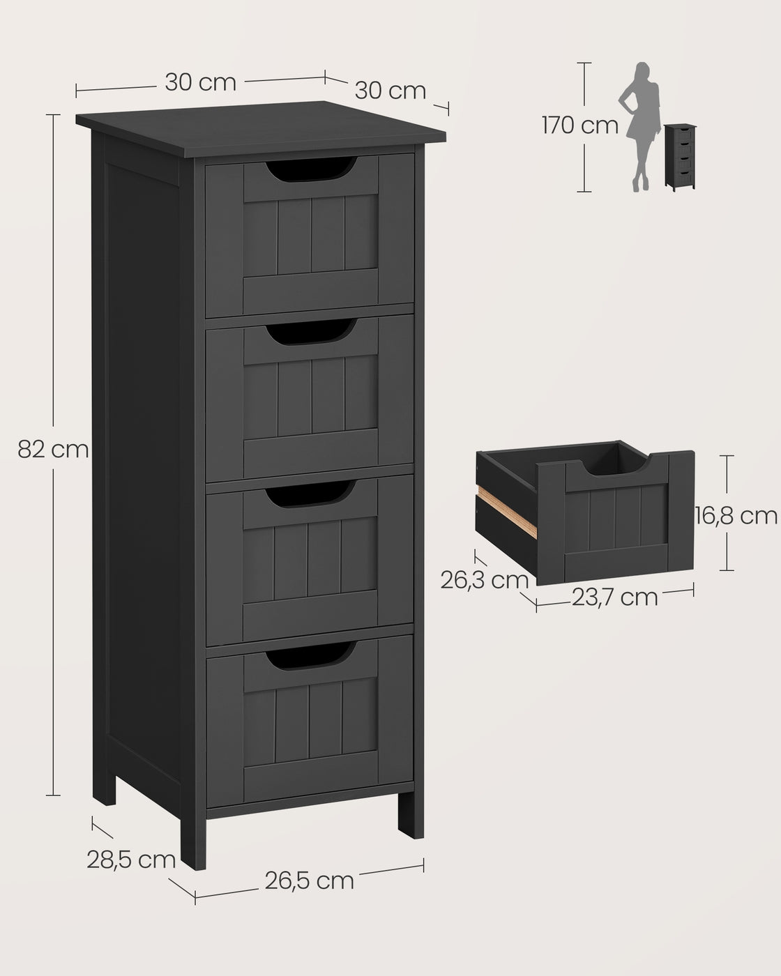 Beistellschrank mit 4 Schubladen 30 x 30 x 82 cm tintenschwarz