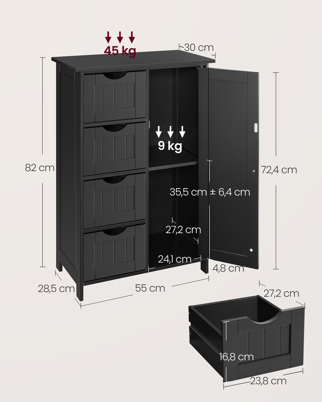 Badezimmerschrank 4 Schubladen 30 x 55 x 82 cm tintenschwarz