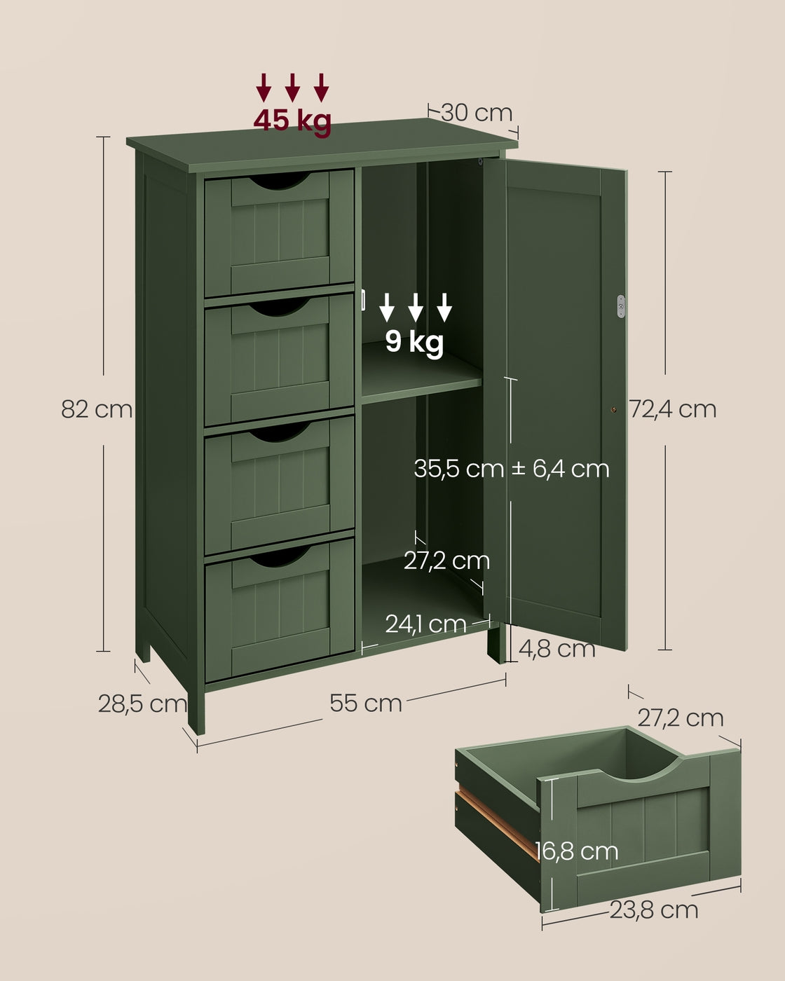 Badezimmerschrank 4 Schubladen 30 x 55 x 82 cm Waldgrün