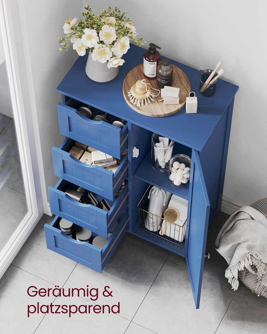 Badezimmerschrank mit 4 Schubladen und 1 Schrank mit verstellbarer Ablage hafenblau