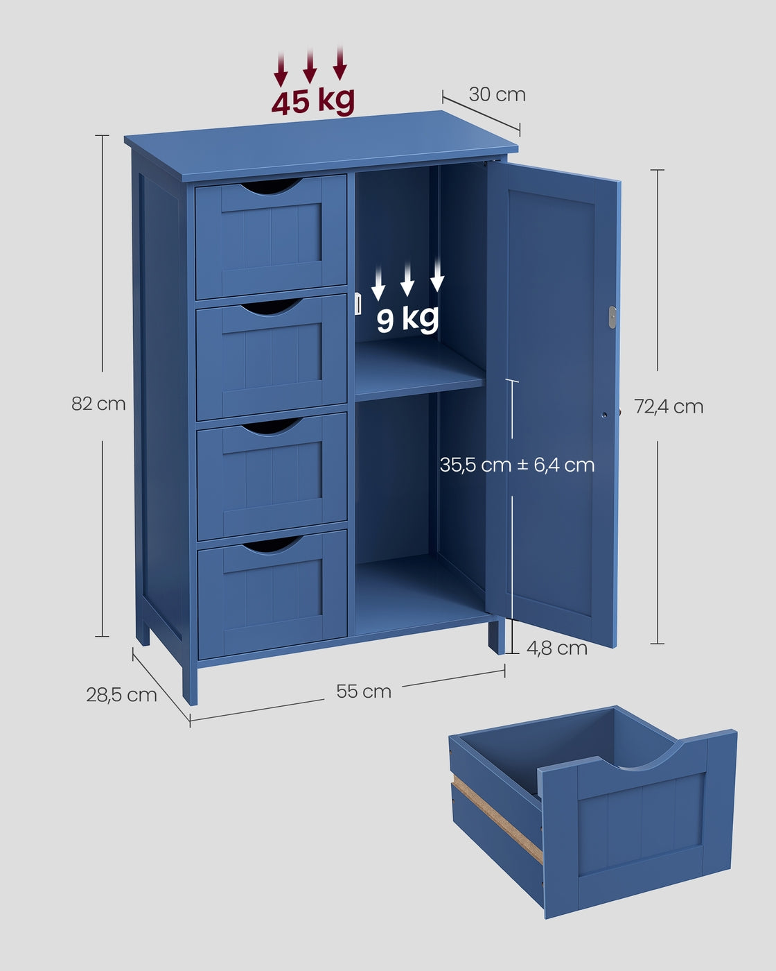 Badezimmerschrank mit 4 Schubladen und 1 Schrank mit verstellbarer Ablage hafenblau