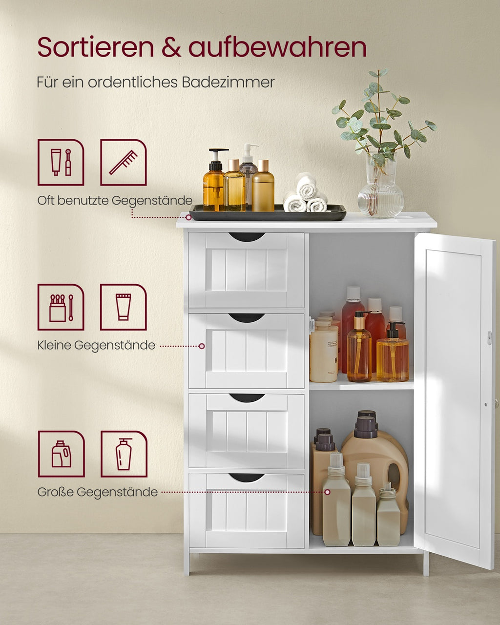 Schmaler Badschrank mit 4 Schubladen wolkenweiß