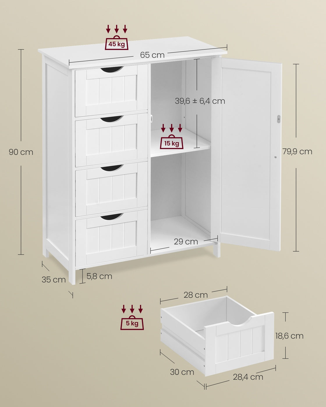 Schmaler Badschrank mit 4 Schubladen wolkenweiß
