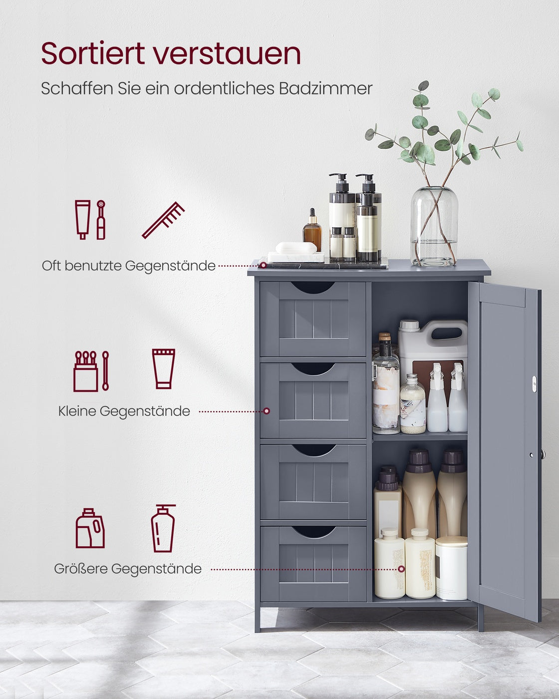 Schmaler Badschrank mit 4 Schubladen