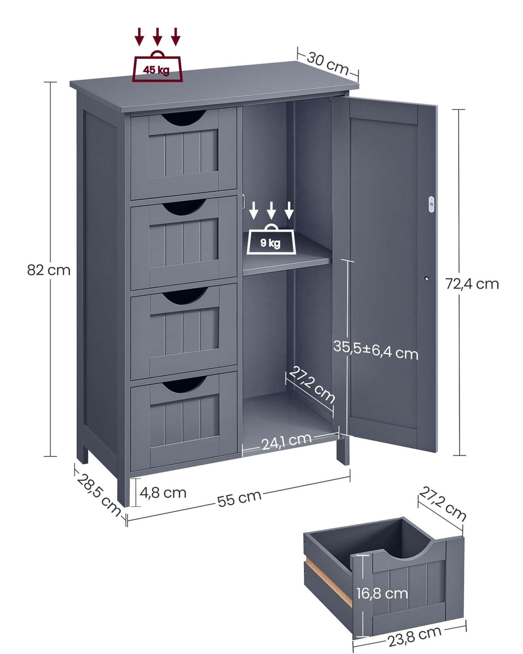 Schmaler Badschrank mit 4 Schubladen