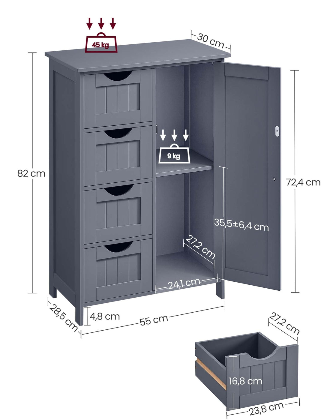 Schmaler Badschrank mit 4 Schubladen