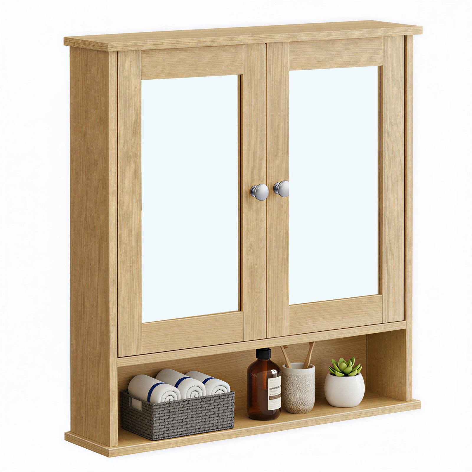Wandschrank mit Spiegel, Badschrank mit 2 Spiegeltüren und offenem Fach, verstellbare Ablage
