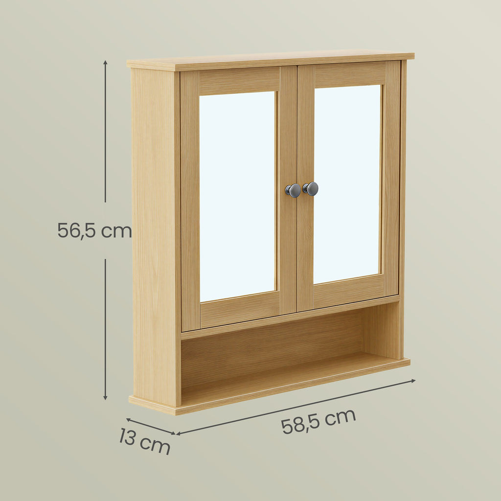Wandschrank mit Spiegel, Badschrank mit 2 Spiegeltüren und offenem Fach, verstellbare Ablage