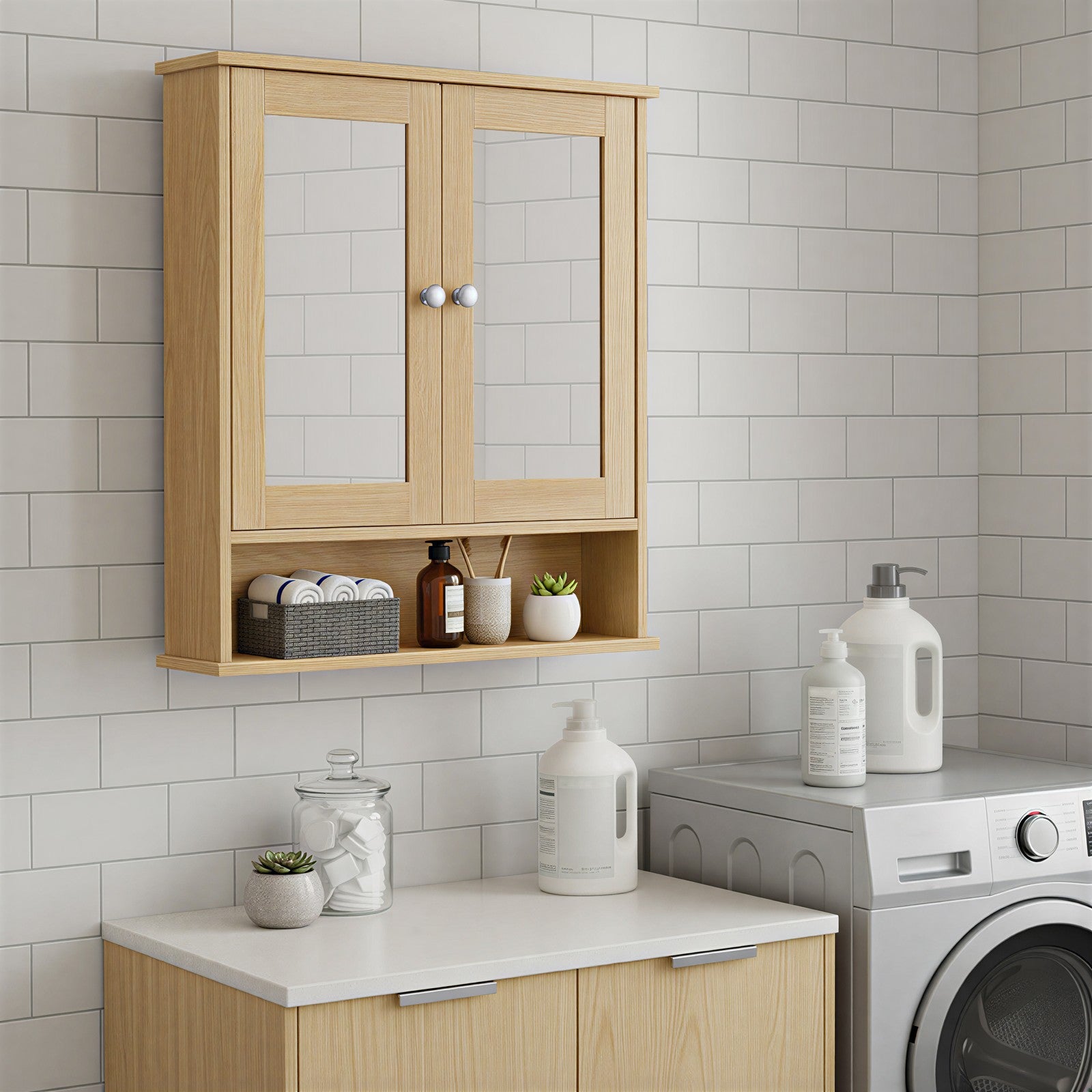 Wandschrank mit Spiegel, Badschrank mit 2 Spiegeltüren und offenem Fach, verstellbare Ablage