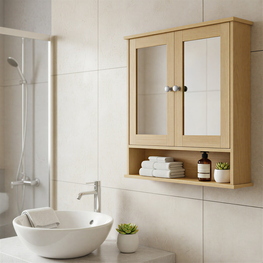 Wandschrank mit Spiegel, Badschrank mit 2 Spiegeltüren und offenem Fach, verstellbare Ablage