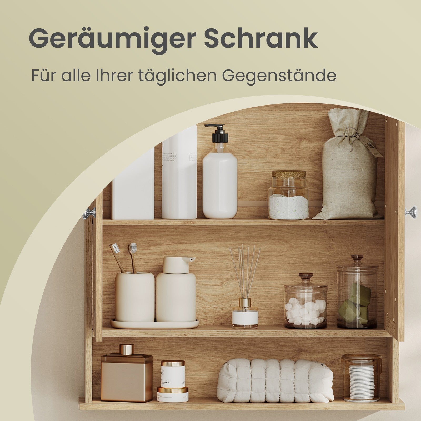 Wandschrank mit Spiegel, Badschrank mit 2 Spiegeltüren und offenem Fach, verstellbare Ablage