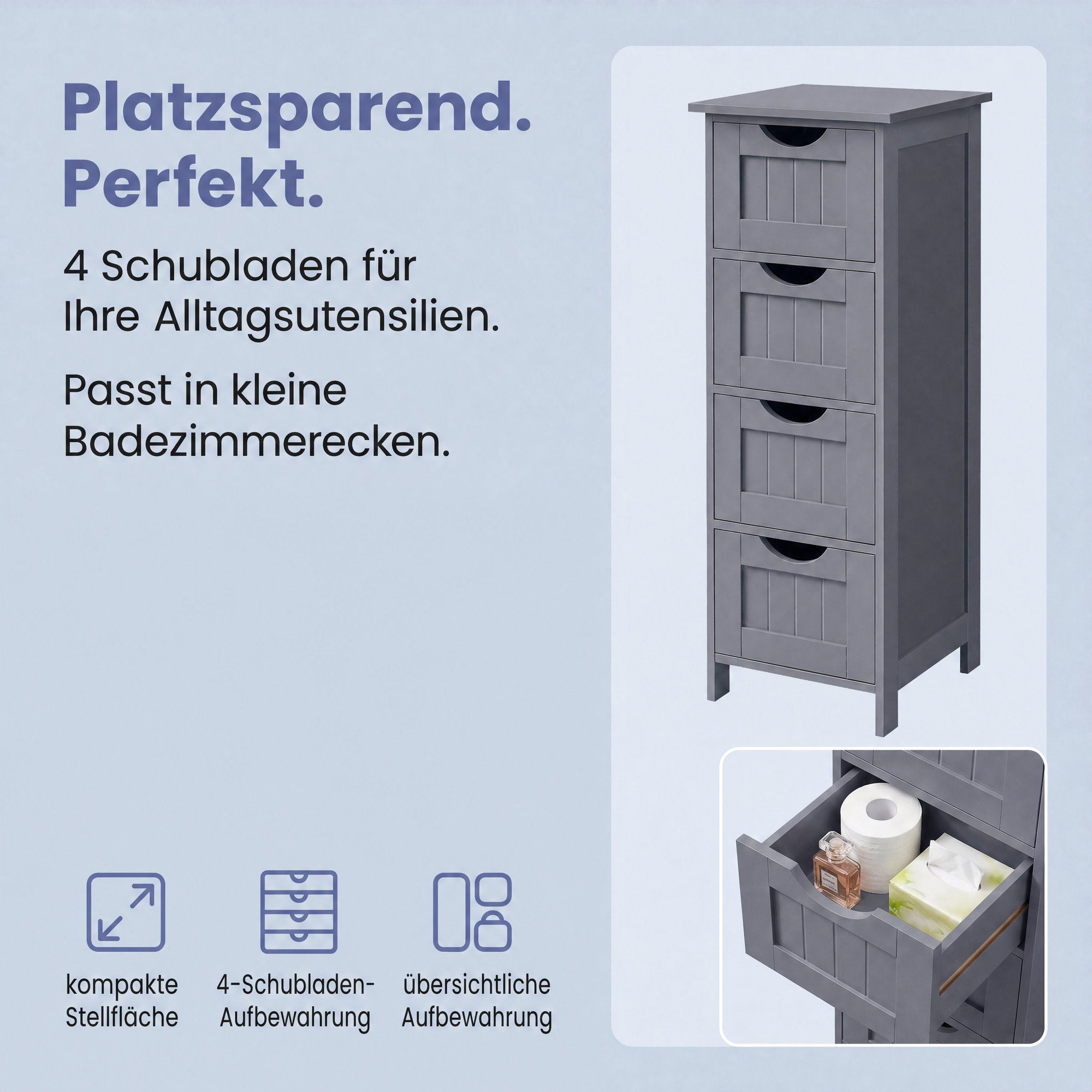 Badezimmerschrank, Badschrank, Beistellschrank mit 4 Schubladen