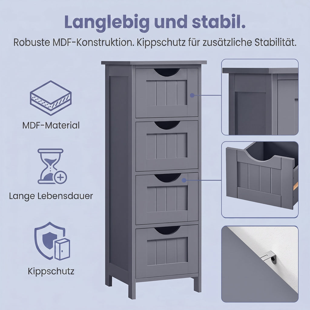 Badezimmerschrank, Badschrank, Beistellschrank mit 4 Schubladen