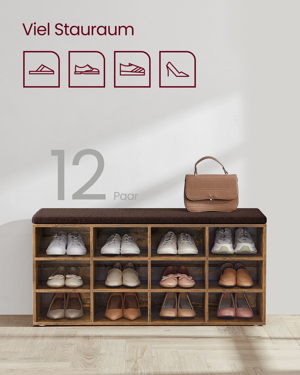 Schuhbank Sitzbank mit Stauraum 12 Fächer vintagebraun
