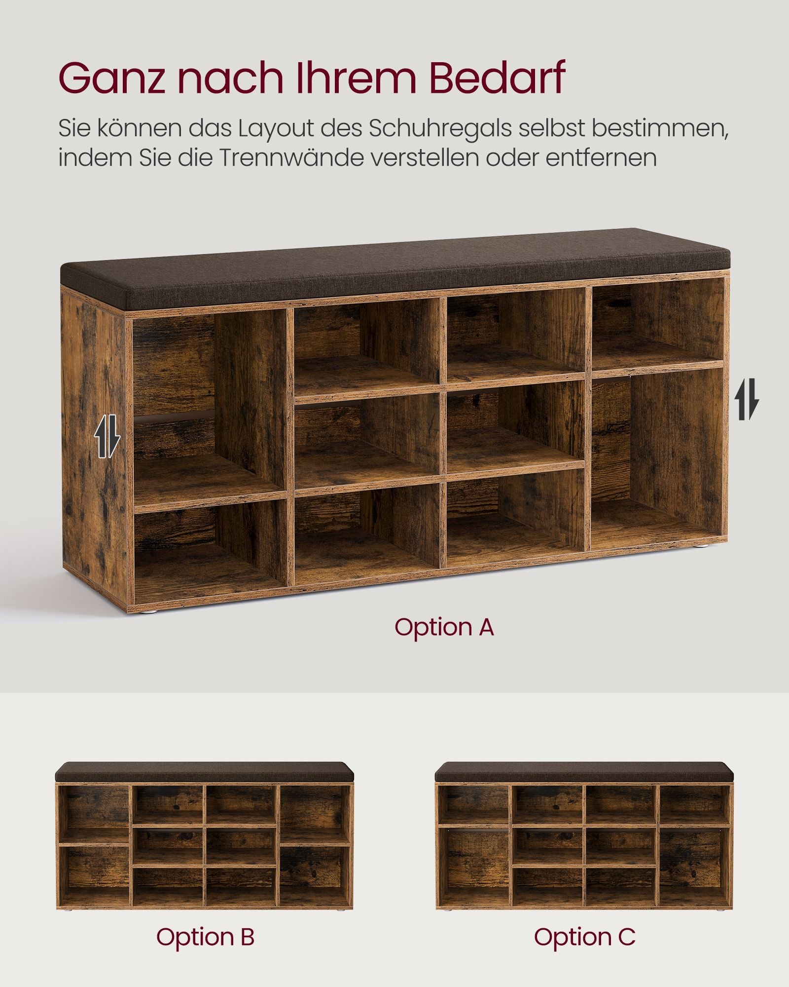 Schuhbank Sitzbank mit Stauraum 12 Fächer vintagebraun
