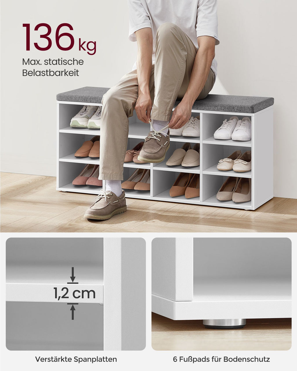 Schuhbank Sitzbank mit Stauraum 12 Fächer klassikweiß
