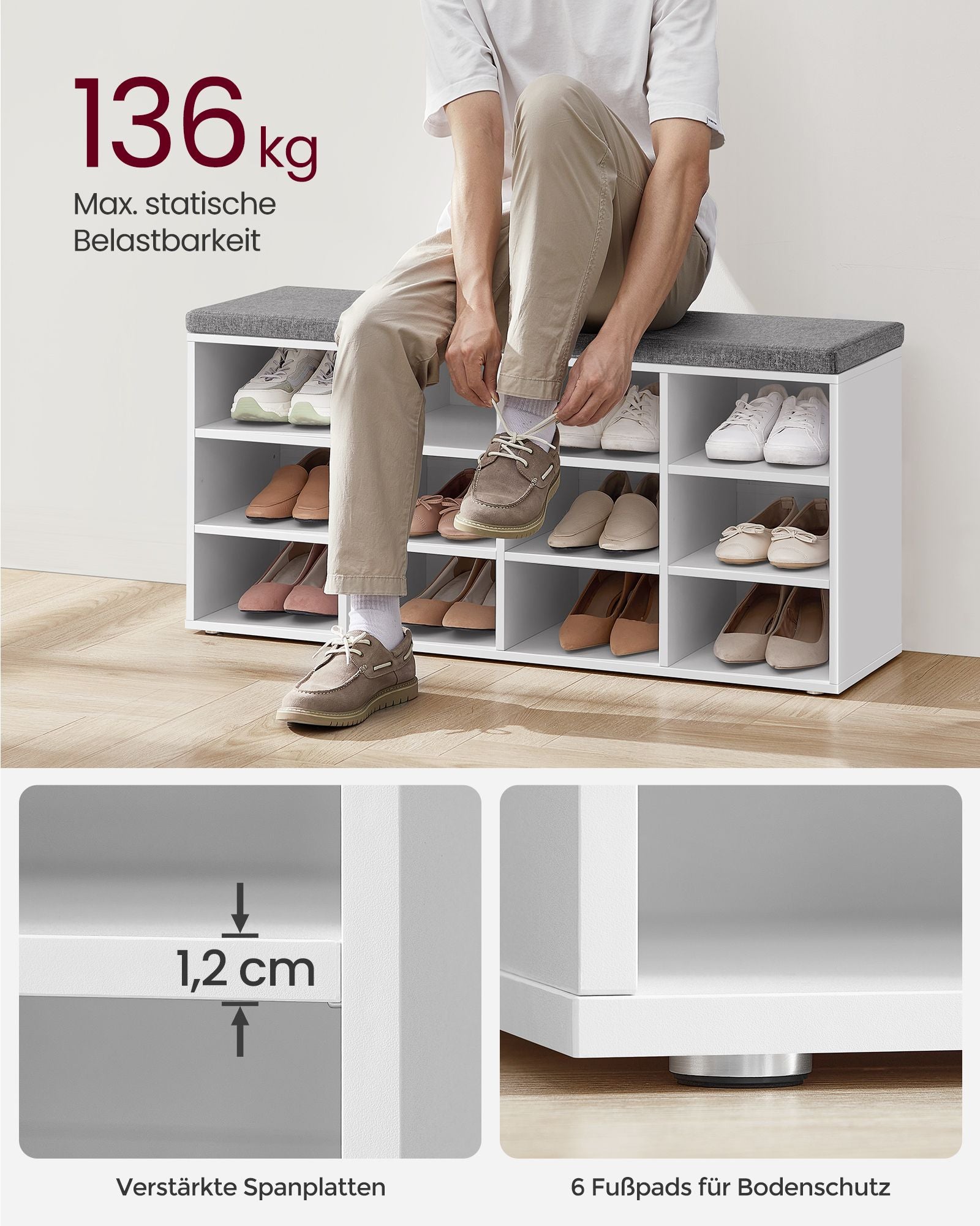Schuhbank Sitzbank mit Stauraum 12 Fächer klassikweiß