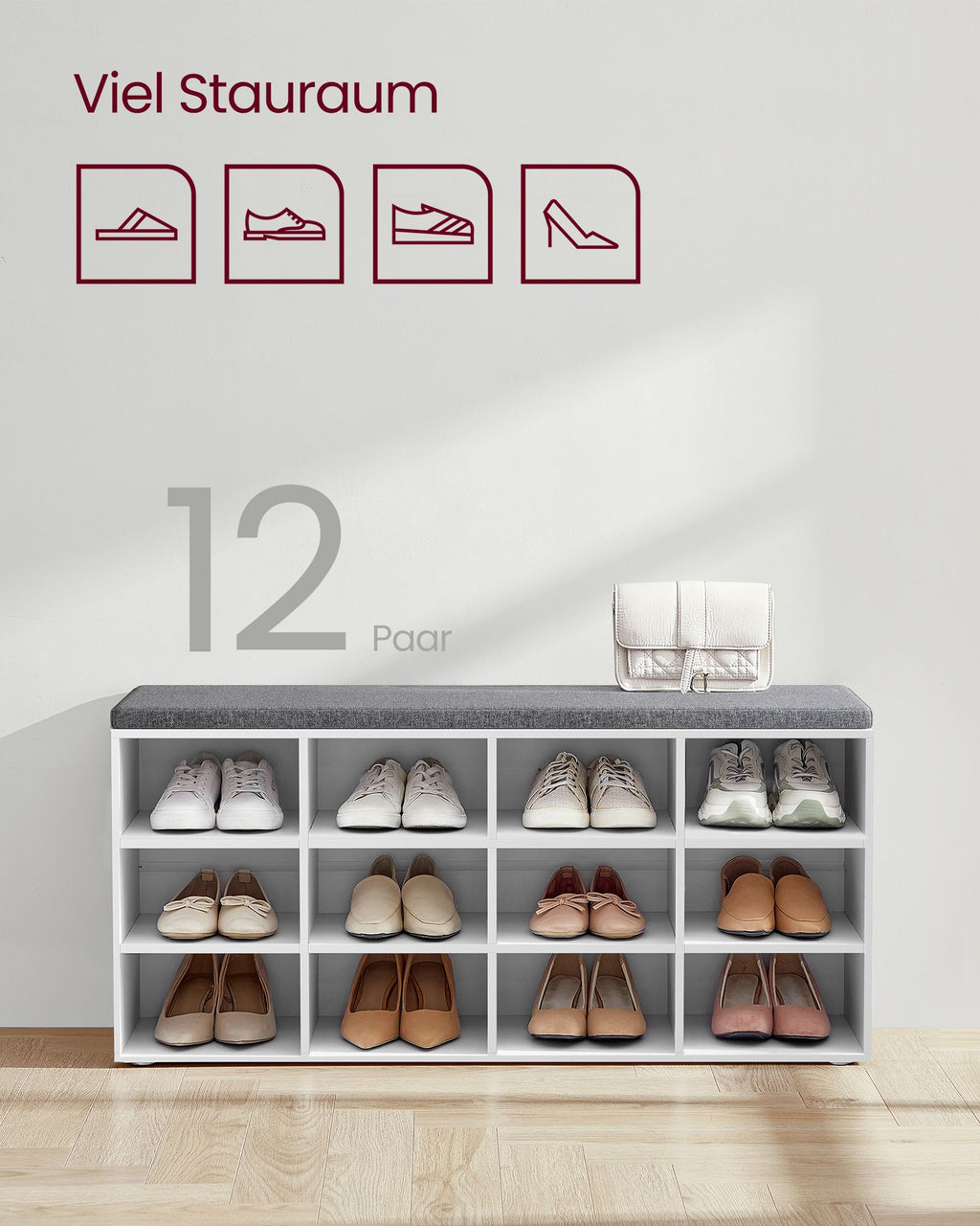 Schuhbank Sitzbank mit Stauraum 12 Fächer klassikweiß