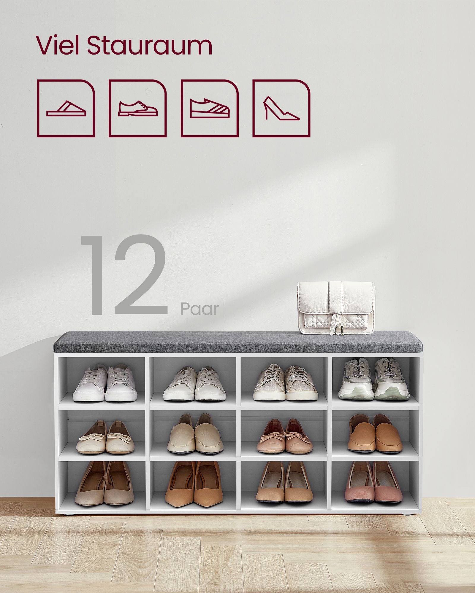 Schuhbank Sitzbank mit Stauraum 12 Fächer klassikweiß