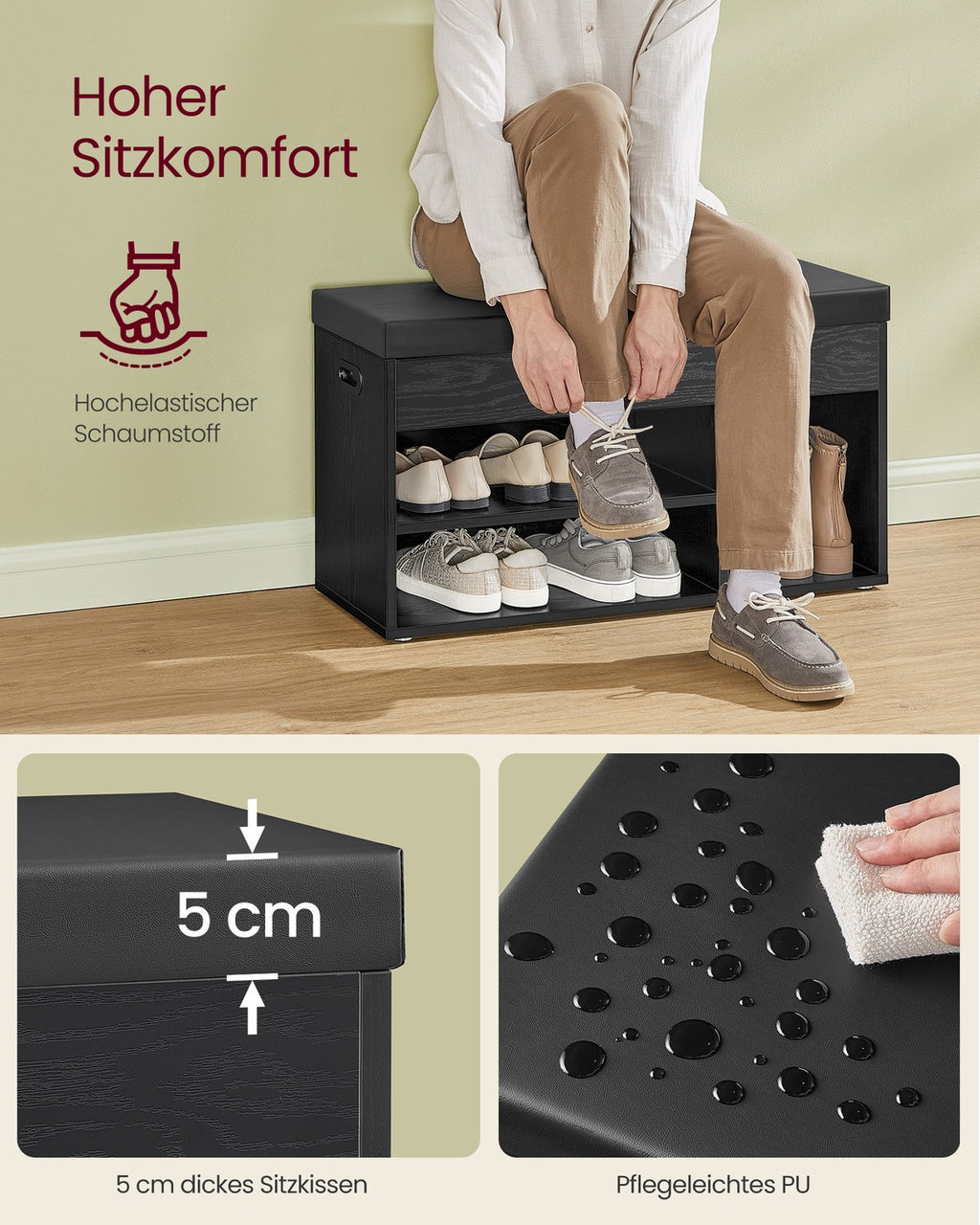 Schuhbank mit Sitzfläche und Stauraum 30 x 80 x 44 cm naturbeige-cappuccinobeige