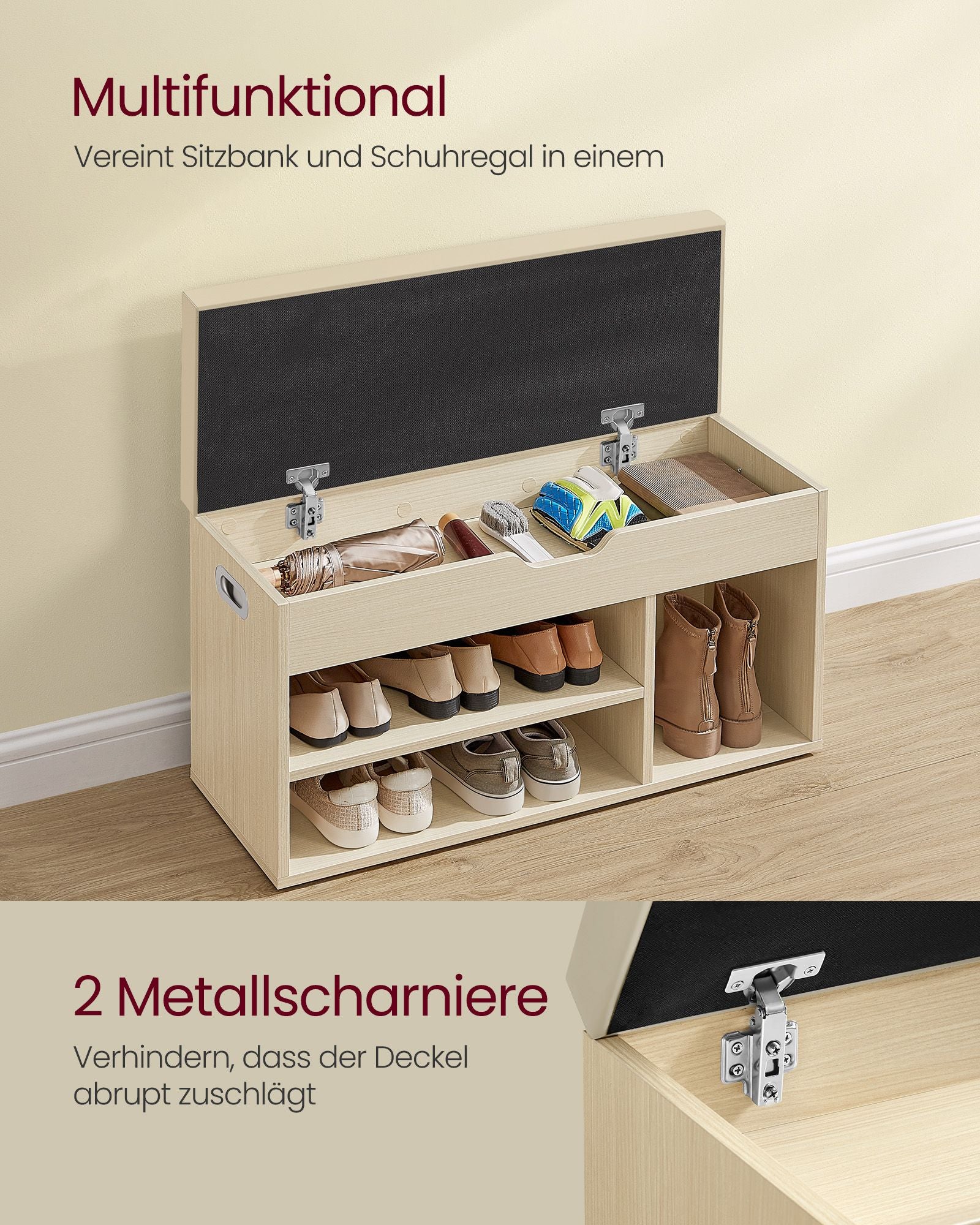 Schuhbank mit 3 offenen Fächern naturbeige
