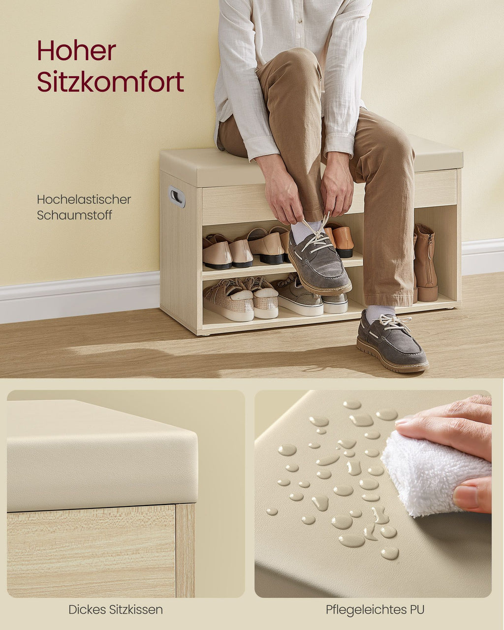 Schuhbank mit 3 offenen Fächern naturbeige