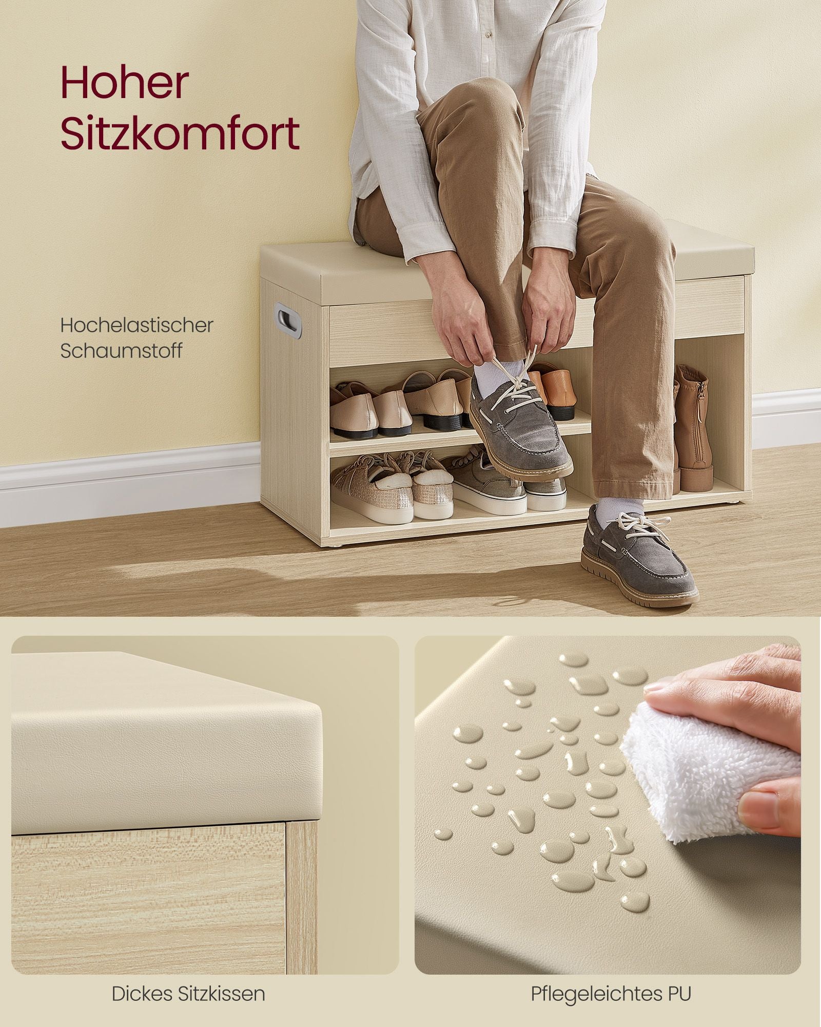 Schuhbank mit 3 offenen Fächern naturbeige