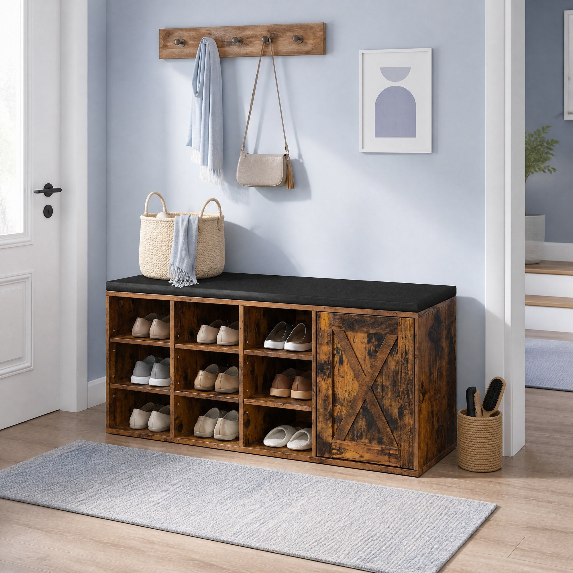 Sitzbank, Schuhbank, mit gepolatertem Sitzkissen und 9 Fächern