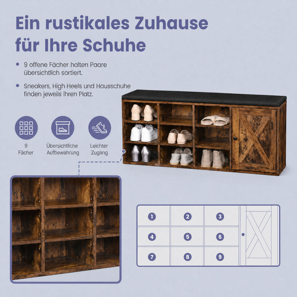 Sitzbank, Schuhbank, mit gepolatertem Sitzkissen und 9 Fächern