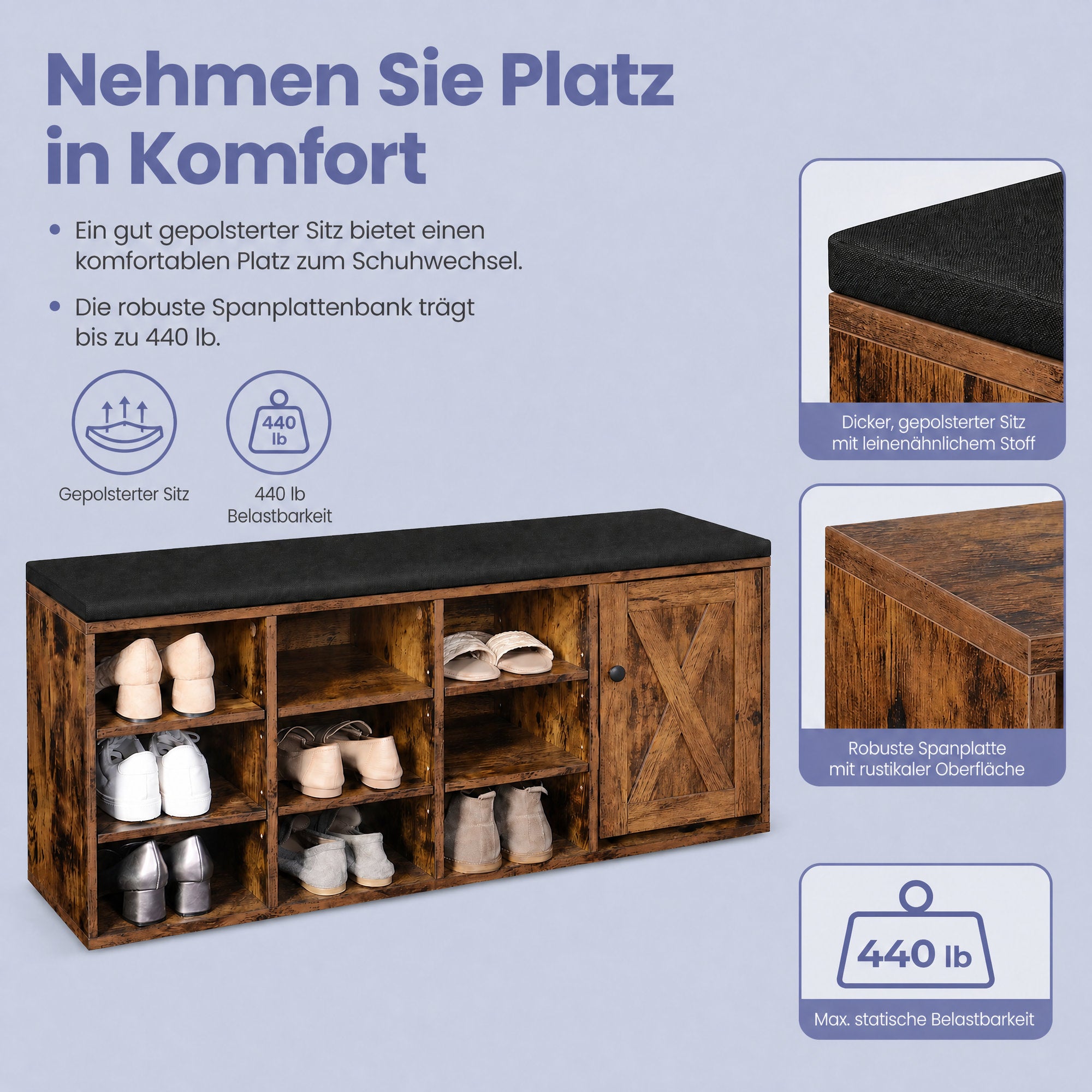 Sitzbank, Schuhbank, mit gepolatertem Sitzkissen und 9 Fächern