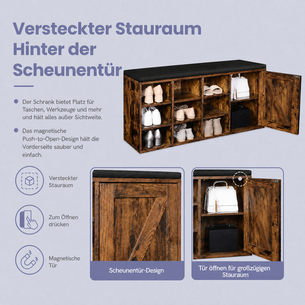 Sitzbank, Schuhbank, mit gepolatertem Sitzkissen und 9 Fächern