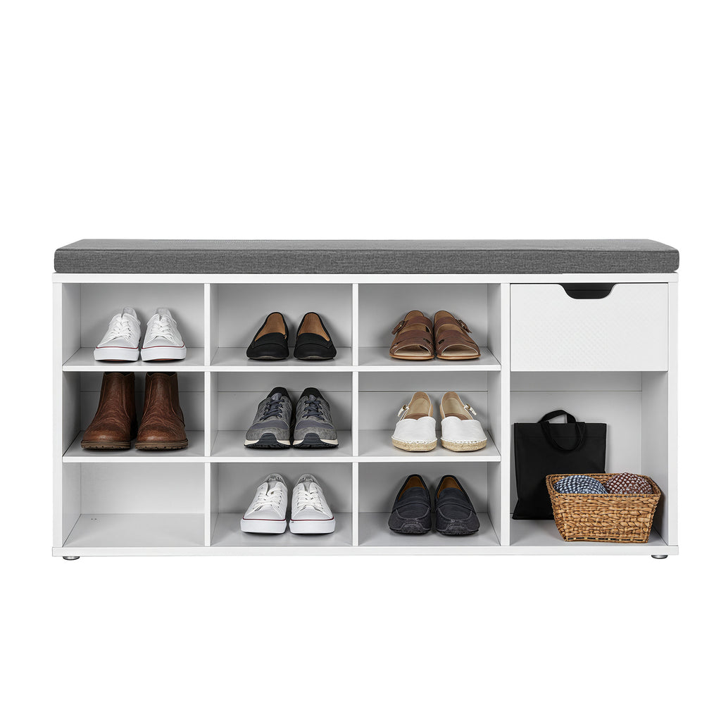 Sitzbank mit gepolstertem Sitz, Schuhregal mit Schublade und offenen Fächern, Flur