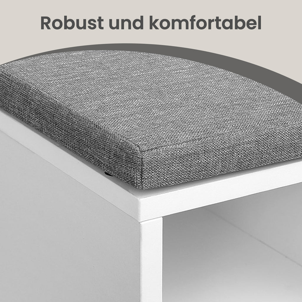 Sitzbank mit gepolstertem Sitz, Schuhregal mit Schublade und offenen Fächern, Flur